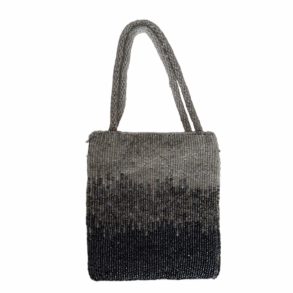 Elegant Beaded Small Evening Wrist Purse Bag Gray Ombre Made in India 6" X 5"